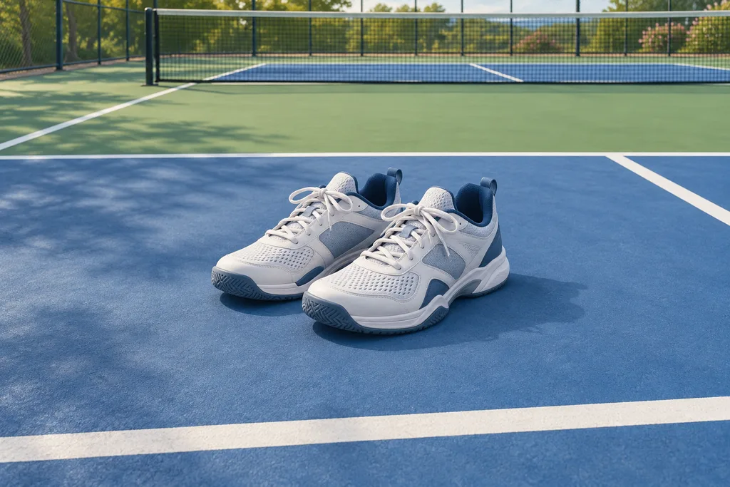 Une paire de chaussures de sport de court posée sur un terrain de pickleball, vue de trois quarts.