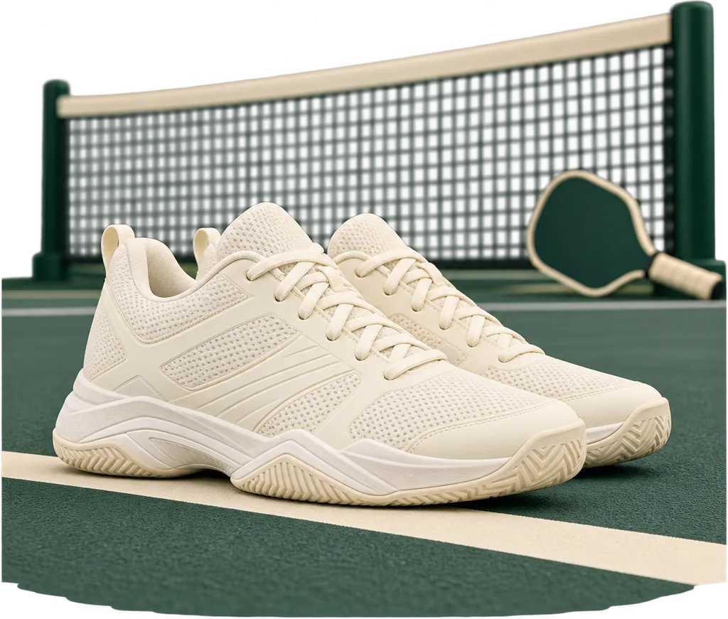 Une paire de chaussures de sport posée sur la ligne d'un court de pickleball, avec un filet et une raquette en arrière-plan flou.