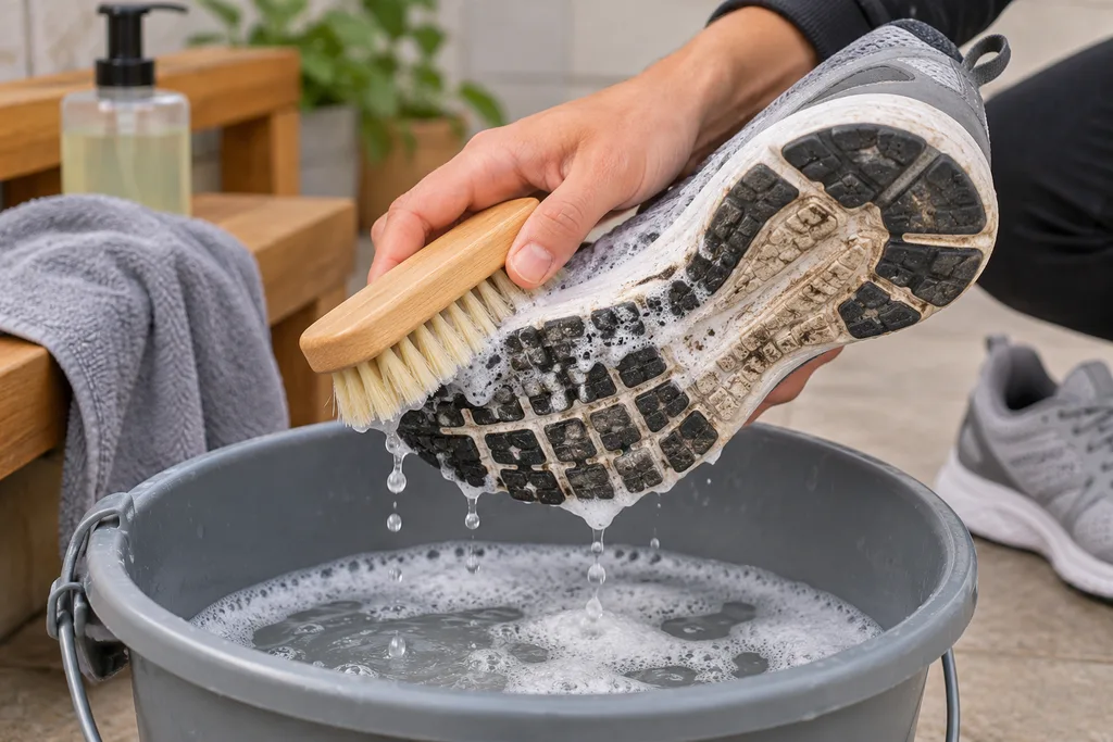Une brosse souple nettoyant la semelle d'une chaussure de sport au-dessus d'un seau.